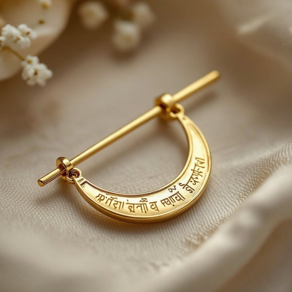 Серьги золотые в форме тонкого изящного полумесяца, полукруг как продолжение застежки, на полукруге надписи мантрами на санскрите