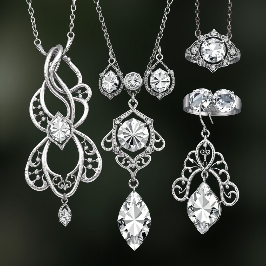 Boho sterling silver jewelry set with only gorgeous transparent diamonds.