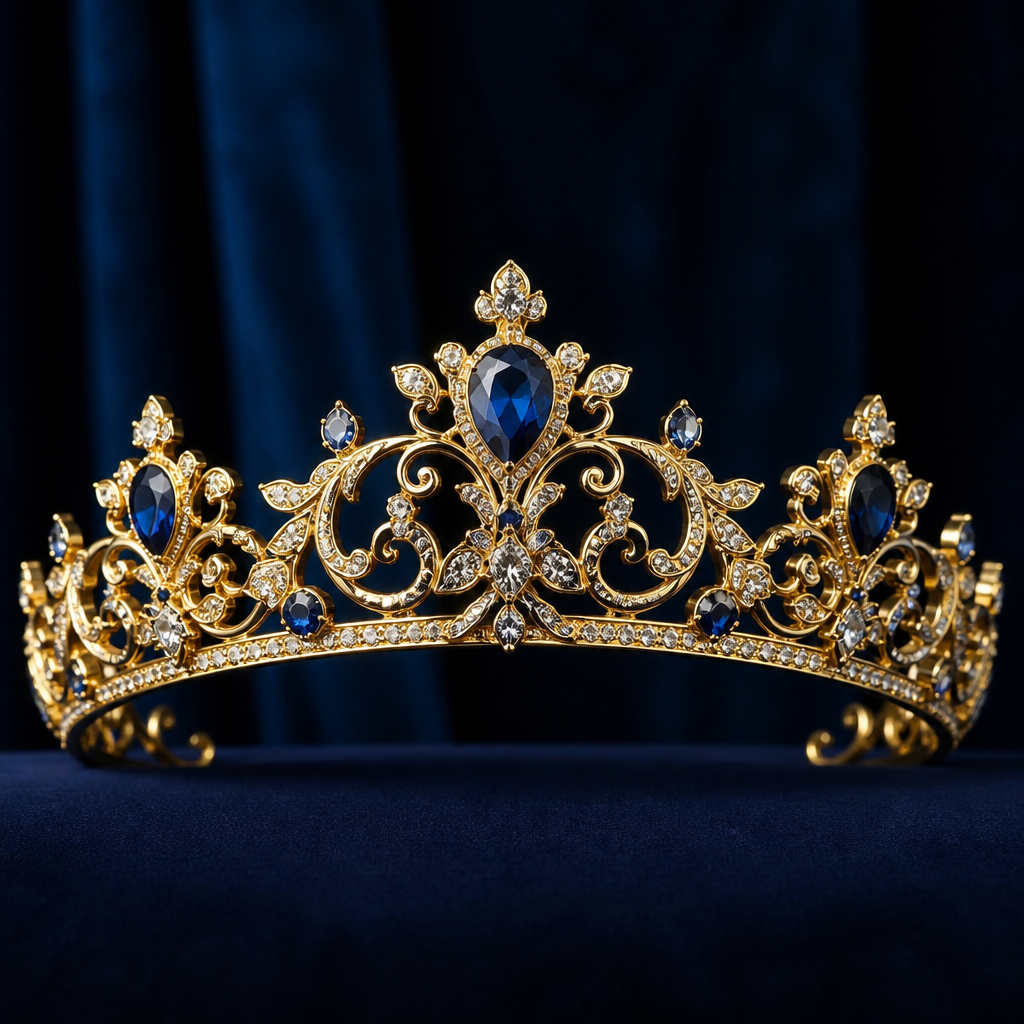 A royal women's tiara made of gold with sapphire stones suitable for formal, highly ornate, intricate and elaborate, richly detailed. delicado y sencillo
photorealistic jewelry design, A royal women's tiara made of gold with sapphire stones suitable for formal, highly ornate, intricate and elaborate, richly detailed. delicado y sencillo, royal style, just the design no text