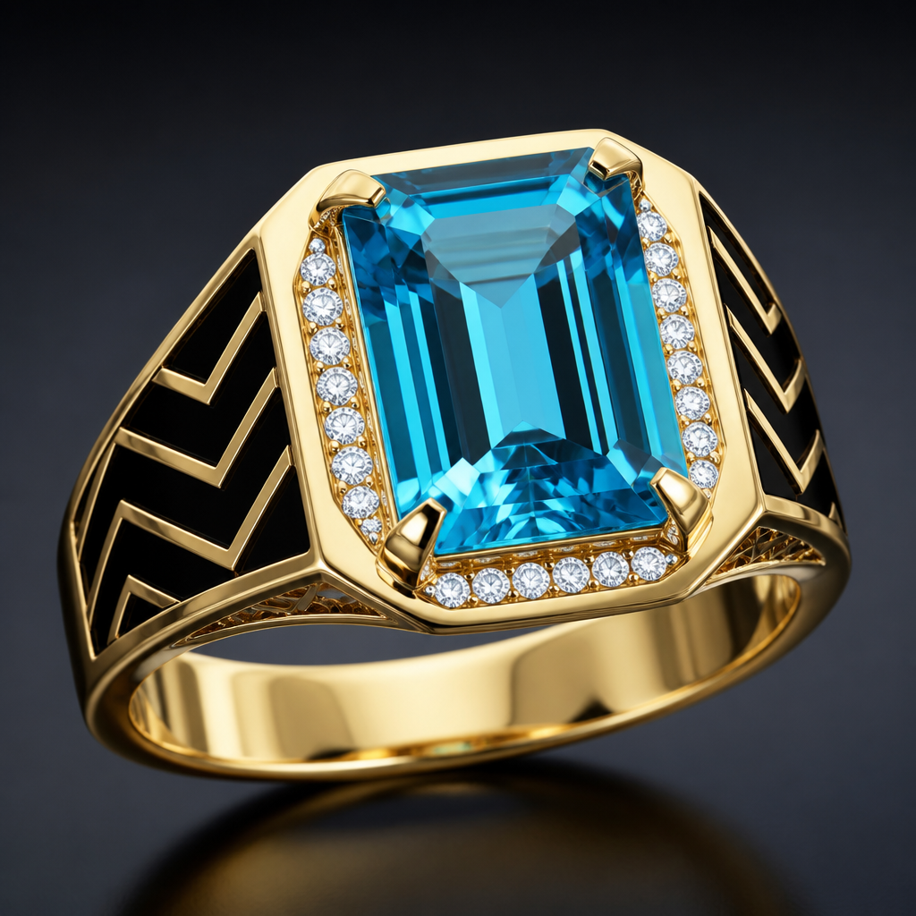 A women's ring. A men's high-end signet ring design, 18k gold. Center stone is a large emerald-cut natural Blue Topaz. Side details include distinctive black enamel chevron-pattern inlays and a partial halo of small natural white diamonds. Detailed side work and high polish. Photorealistic quality, studio lighting, just the design no text.
photorealistic jewelry design, A women's ring. A men's high-end signet ring design, 18k gold. Center stone is a large emerald-cut natural Blue Topaz. Side details include distinctive black enamel chevron-pattern inlays and a partial halo of small natural white diamonds. Detailed side work and high polish. Photorealistic quality, studio lighting, just the design no text., modern style, just the design no text