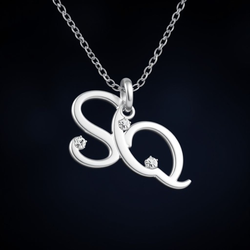 silver necklace with the pendant in letter letters SQ with white  stones. Make it cute and simple 