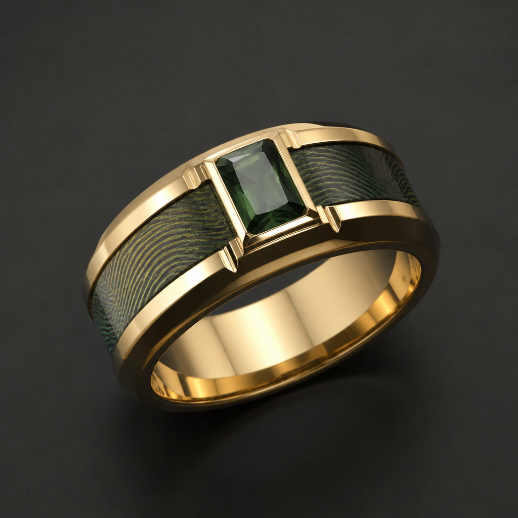 Gold males engagement right with green Damascus steel center
photorealistic jewelry design, Gold males engagement right with green Damascus steel center, modern style, just the design no text