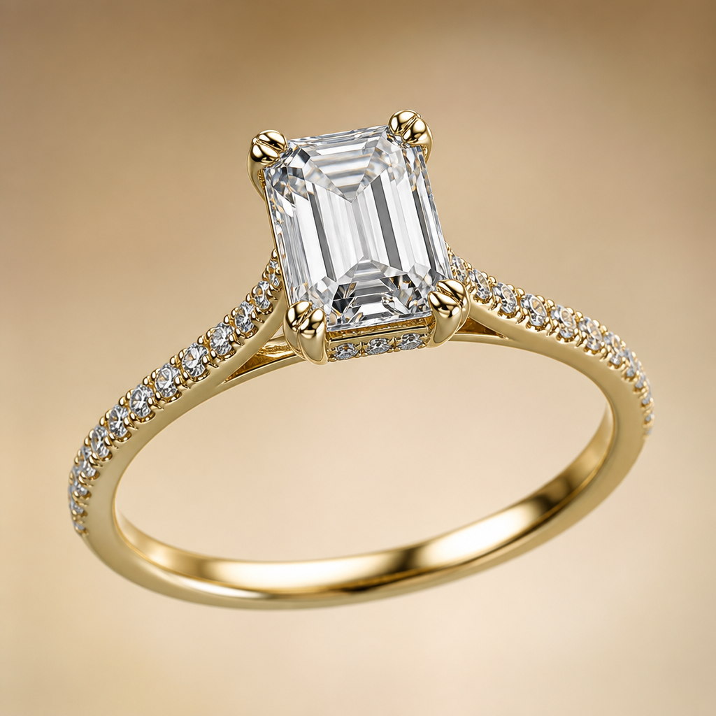Ultra-realistic 8K macro render of a refined luxury engagement ring in polished 14K yellow gold.
The ring features a perfectly proportioned 1.00 carat emerald-cut diamond as the dominant centerpiece, displaying crisp step facets, exceptional VVS clarity, and elegant mirror-like reflections. The diamond is secured by four refined double claw prongs positioned precisely on the corners, allowing maximum light performance while maintaining a delicate appearance.
The band is slim and graceful (approximately 2.0–2.2 mm), gently tapering toward the center stone for a timeless luxury silhouette. The shoulders are adorned with ultra-fine French micro pavé round brilliant diamonds, meticulously bead-set with minimal visible metal to create a continuous ribbon of brilliance. Each micro pavé diamond is perfectly matched in size, spacing, and alignment with precise hand-finished craftsmanship.
The gallery features an elegant cathedral architecture with softly sweeping supports rising naturally from the band toward the center stone. Beneath the emerald-cut diamond sits a refined hidden halo of tiny round brilliant diamonds, visible only from the side profile, adding subtle luxury without overpowering the design.
Every transition between the shank, gallery, and setting is fluid and sculptural. Metal thickness is realistic, precise, and structurally elegant, never bulky or heavy. The ring exhibits perfect symmetry, crisp edges, mirror-polished surfaces, and boutique-level finishing worthy of a high-end luxury jewellery house.
Diamonds display controlled brilliance with realistic dispersion and scintillation, avoiding exaggerated sparkle. Gold reflections are soft, rich, and natural with exceptional surface polish.
CAMERA & RENDER
Studio jewellery photography
45-degree hero angle with slight top perspective
Soft champagne-to-neutral gradient background
Luxury commercial lighting
Ultra-sharp macro focus
Photorealistic metal reflections
Controlled diamond fire
Shallow depth of field focused on the center stone
Floating ring
No shadow
8K ultra-high resolution
Premium catalogue quality
Boutique luxury aesthetic
NEGATIVE PROMPT
No halo around the center stone (except hidden halo beneath the gallery), no oversized prongs, no bulky shank, no thick cathedral arms, no CAD appearance, no wireframe, no sketch texture, no chunky pavé, no oversized melee diamonds, no plastic material, no exaggerated sparkle effects, no fantasy proportions, no distortion, no asymmetry, no fingerprints, no scratches, no watermark, no text, no background objects.
photorealistic jewelry design, Ultra-realistic 8K macro render of a refined luxury engagement ring in polished 14K yellow gold.
The ring features a perfectly proportioned 1.00 carat emerald-cut diamond as the dominant centerpiece, displaying crisp step facets, exceptional VVS clarity, and elegant mirror-like reflections. The diamond is secured by four refined double claw prongs positioned precisely on the corners, allowing maximum light performance while maintaining a delicate appearance.
The band is slim and graceful (approximately 2.0–2.2 mm), gently tapering toward the center stone for a timeless luxury silhouette. The shoulders are adorned with ultra-fine French micro pavé round brilliant diamonds, meticulously bead-set with minimal visible metal to create a continuous ribbon of brilliance. Each micro pavé diamond is perfectly matched in size, spacing, and alignment with precise hand-finished craftsmanship.
The gallery features an elegant cathedral architecture with softly sweeping supports rising naturally from the band toward the center stone. Beneath the emerald-cut diamond sits a refined hidden halo of tiny round brilliant diamonds, visible only from the side profile, adding subtle luxury without overpowering the design.
Every transition between the shank, gallery, and setting is fluid and sculptural. Metal thickness is realistic, precise, and structurally elegant, never bulky or heavy. The ring exhibits perfect symmetry, crisp edges, mirror-polished surfaces, and boutique-level finishing worthy of a high-end luxury jewellery house.
Diamonds display controlled brilliance with realistic dispersion and scintillation, avoiding exaggerated sparkle. Gold reflections are soft, rich, and natural with exceptional surface polish.
CAMERA & RENDER
Studio jewellery photography
45-degree hero angle with slight top perspective
Soft champagne-to-neutral gradient background
Luxury commercial lighting
Ultra-sharp macro focus
Photorealistic metal reflections
Controlled diamond fire
Shallow depth of field focused on the center stone
Floating ring
No shadow
8K ultra-high resolution
Premium catalogue quality
Boutique luxury aesthetic
NEGATIVE PROMPT
No halo around the center stone (except hidden halo beneath the gallery), no oversized prongs, no bulky shank, no thick cathedral arms, no CAD appearance, no wireframe, no sketch texture, no chunky pavé, no oversized melee diamonds, no plastic material, no exaggerated sparkle effects, no fantasy proportions, no distortion, no asymmetry, no fingerprints, no scratches, no watermark, no text, no background objects., modern style, just the design no text
