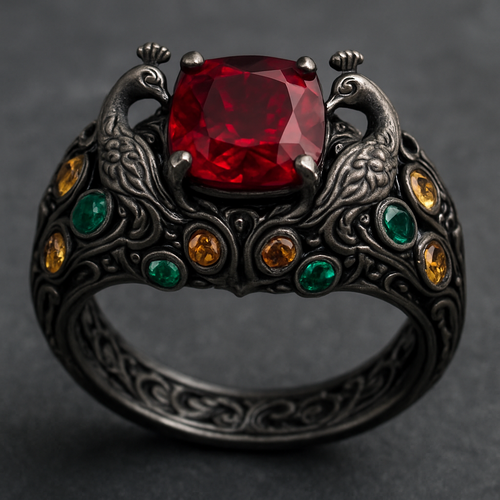 Ruby engagement ring with at least 10 citrine and green topaz inlays with peacock themes