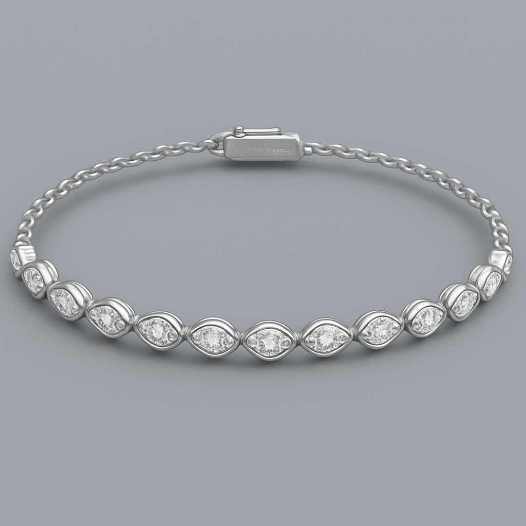 CAD model of a delicate tennis bracelet with small pear-shaped diamonds laying on their sides, all pointing left. Each teardrop diamond is set horizontally along a thin white gold chain, forming a smooth continuous flow. Small elegant proportions, precise prong settings, evenly spaced stones, realistic curvature around the wrist. Designed for fine jewelry production.”