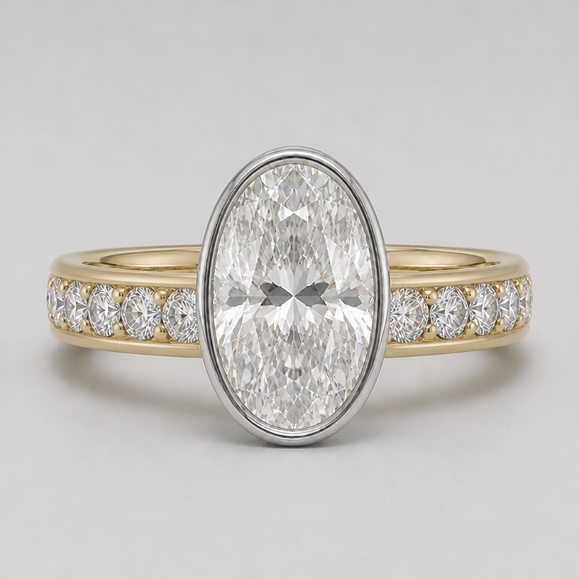 with 1.5mm band on top and bottom of the round accent stones
edit the attached jewelry design with these instructions: with 1.5mm band on top and bottom of the round accent stones. keep it photorealistic, just the design no text