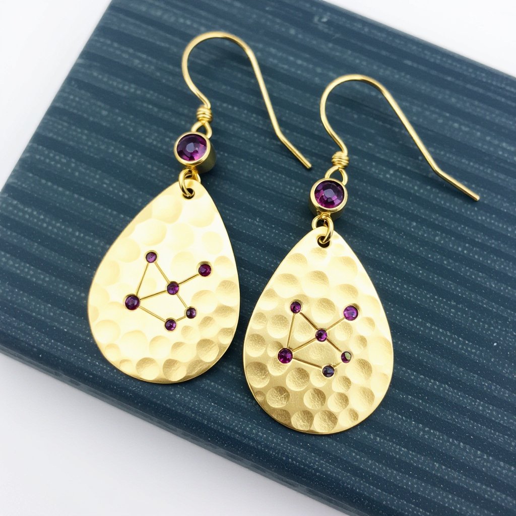 Серьги длинные на цепочках матовое золото мятое. Символ схематично созвездие. Маленькие фиолетовые камушки