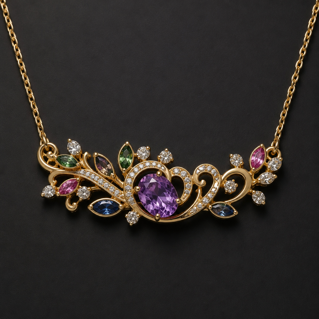 Centered name “kristina” gold necklace with diamonds and gemstones unique design
photorealistic jewelry design, Centered name “kristina” gold necklace with diamonds and gemstones unique design, just the design no text