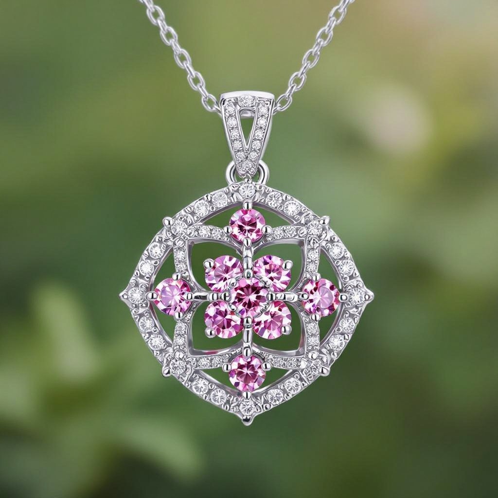 Geomatric pendant of pink heart of diamonds white of shape women and style