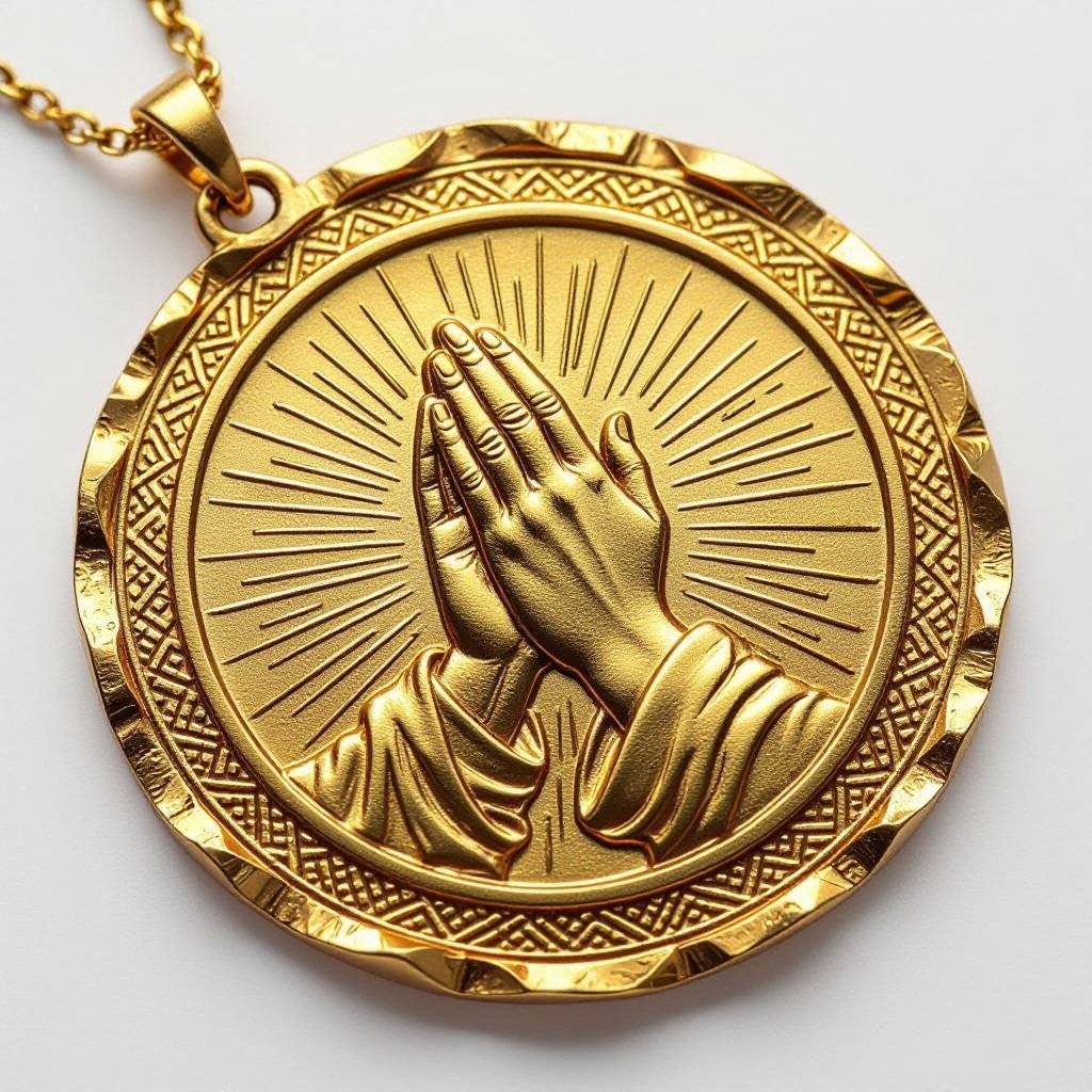 Золотой матовый медальон похожий на мятую монету с неровными краями. По кругу выгравированы изящные узоры. В центре выпуклые ладони, сложенные в молитве и от них исходит свет