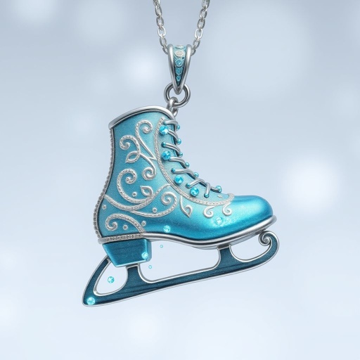 Silver Pendant shape one ice skate with turquoise stripe inside the low thin part blade