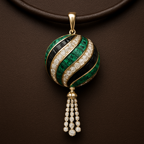 a 3d necklace on leather strap with diamond tassels ball that has a swirl of slices emerald black and diamonds 