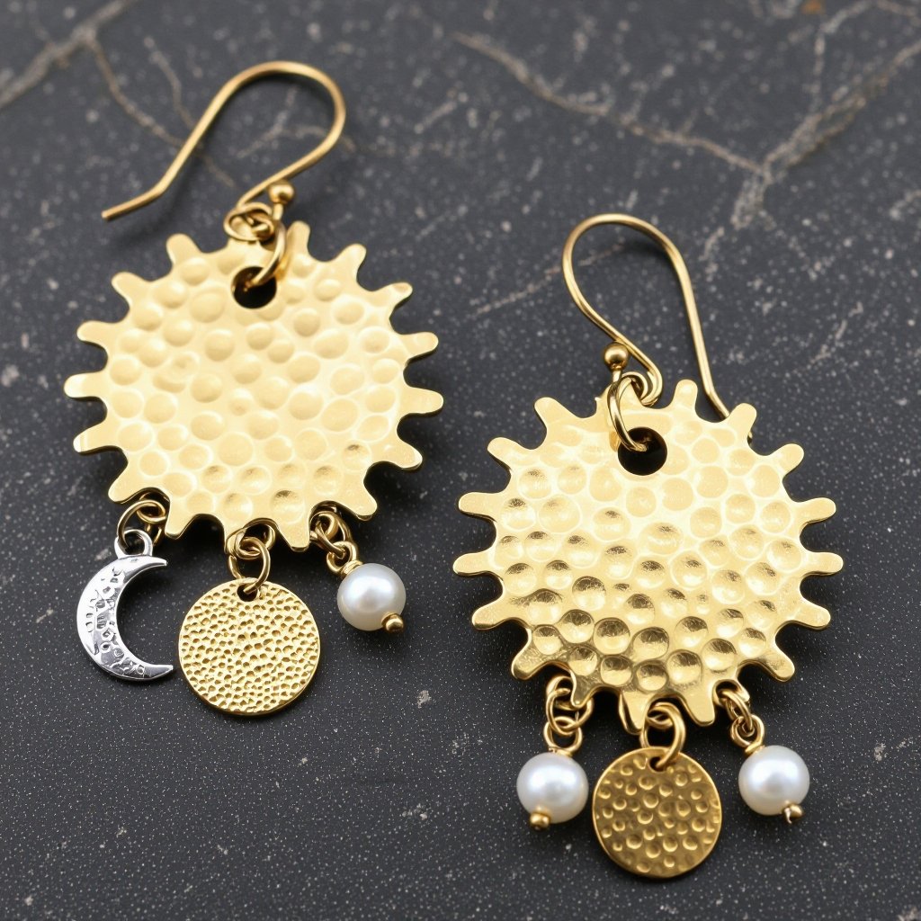 Золотые серьги словно мятое золото в форме солнца с волнистыми лучами, в центре солнца круглая дыра. крепится к застежке серьги. К нижней части солнца крепятся подвески: миниатюрная серебристая луна, очень маленький жемчуг и маленький золотой кружочек с мятым эффектом плоский