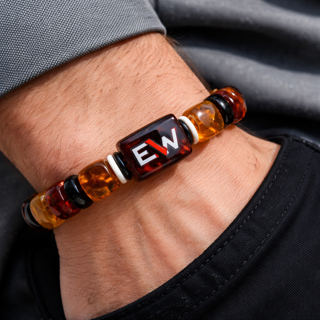 Do not use silver or gold or bronze and bracelet for man only amber different shapes stones small size EVW logo on the amber stone red and black and white colours arm