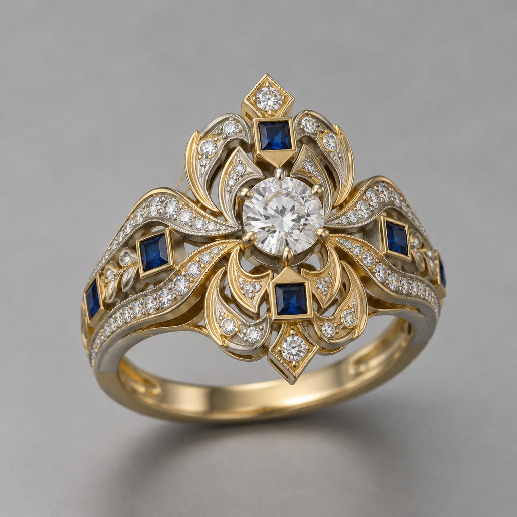 A royal women's ring made of mixed metal with diamond and sapphire stones. design ring using 33 .10 carat diamonds, 7 .10 carat square sapphires, and one .50 carat round diamond. metals should be white and yellow gold with a matte finish. do not cluster gems.
photorealistic jewelry design, A royal women's ring made of mixed metal with diamond and sapphire stones. design ring using 33 .10 carat diamonds, 7 .10 carat square sapphires, and one .50 carat round diamond. metals should be white and yellow gold with a matte finish. do not cluster gems., royal style, just the design no text