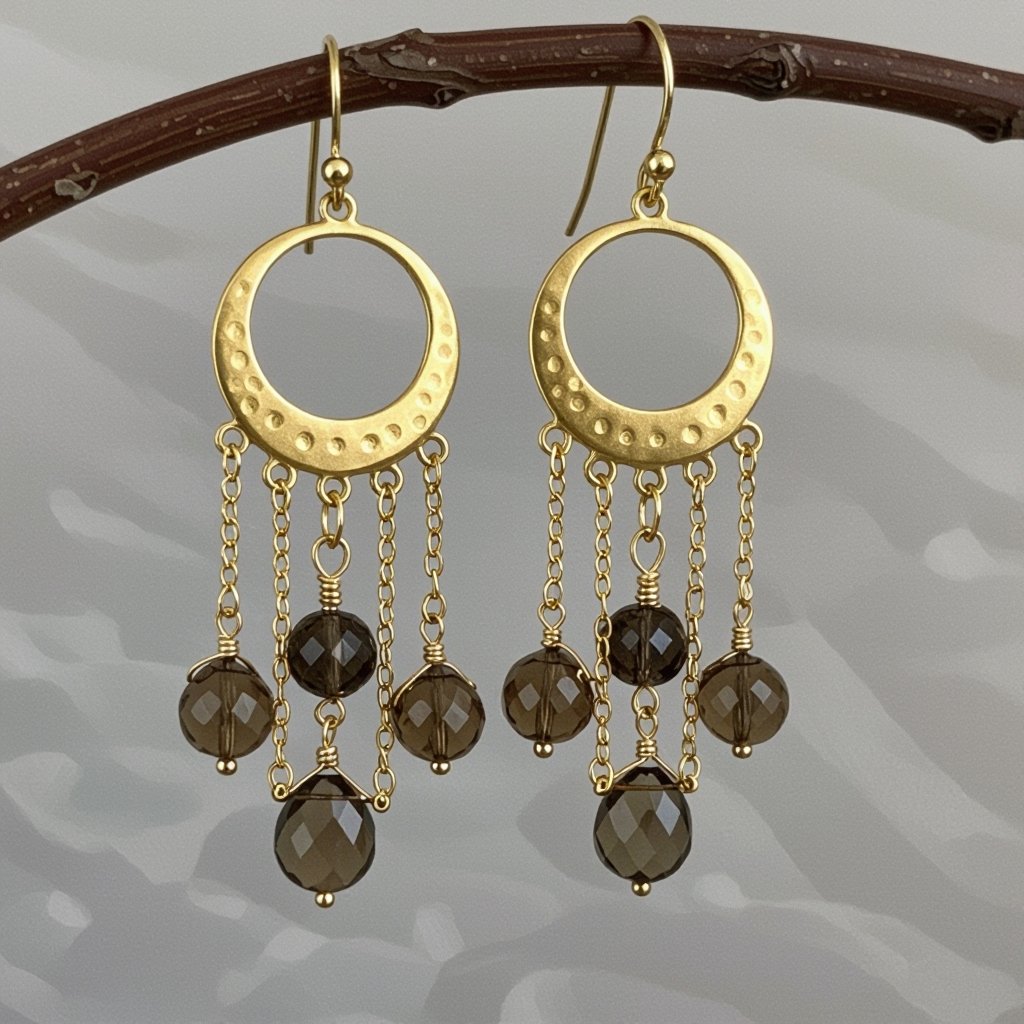 Золотые серьги полумесяц вертикальный 2 см, сверху крепится к швензе. От полумесяца идет три цепочки золотого цвета, у каждой на конце камушек раухтопаз