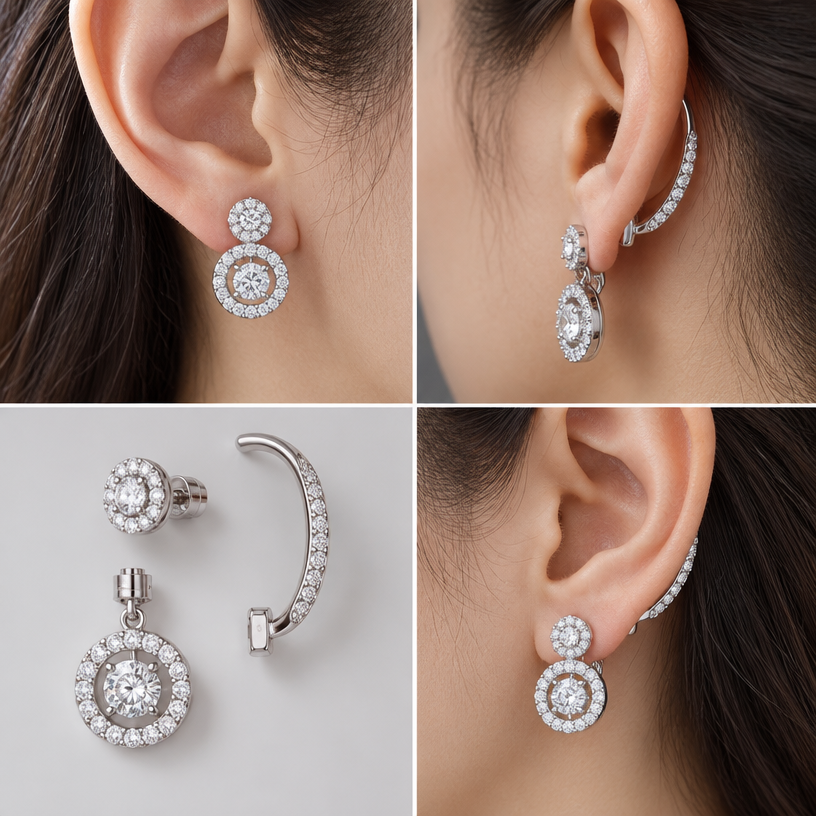 A women's earrings. สามารถถอดออกเป็นส่วนๆได้, ตุ้งติ้งอยู่ใต้ติ่งหู อ้อมหลังใบหู,4 views
using the attached image as a visual reference, create A women's earrings. สามารถถอดออกเป็นส่วนๆได้, ตุ้งติ้งอยู่ใต้ติ่งหู อ้อมหลังใบหู,4 views. photorealistic, just the design no text