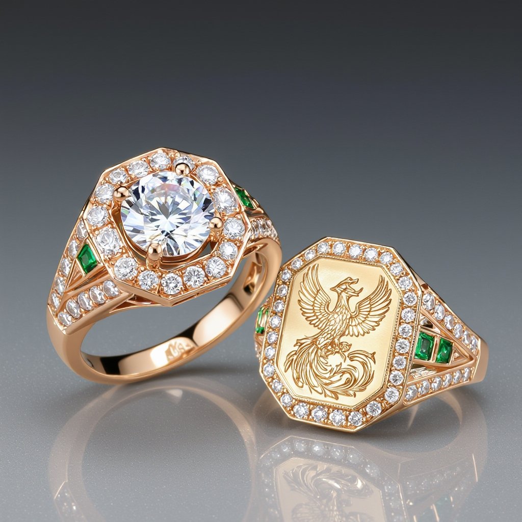 Geomatric rose gold and A platinum signet ring with phoenix printed on it for women Design a luxurious platinum signet ring that embodies the elegance of Art Deco style, featuring a striking phoenix rendered in intricate geometric patterns. Emphasize bold lines and symmetry, with contrasting finishes for depth. Adorn the ring with brilliant-cut diamonds and emeralds, capturing the spirit of rebirth and timeless sophistication.