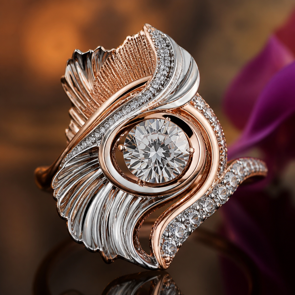 A avant-garde women's ring made of mixed metal with diamond stones suitable for festival. An extraordinary excellent beautiful delicate and elegant solitaire women ring. Face of the ring.
photorealistic jewelry design, A avant-garde women's ring made of mixed metal with diamond stones suitable for festival. An extraordinary excellent beautiful delicate and elegant solitaire women ring. Face of the ring., avant_garde style, just the design no text
