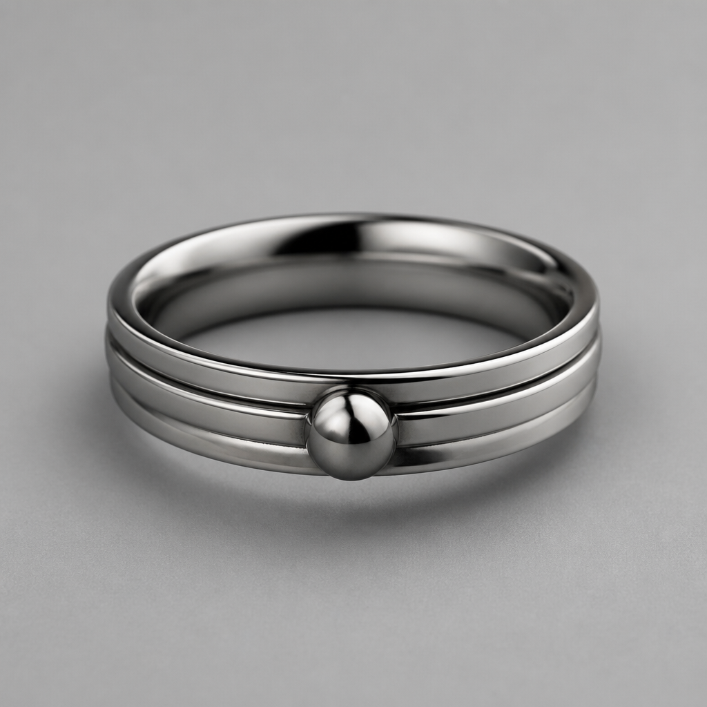 A women's ring. an anxiety ring made of titanium. featuring a rotatable bead in the center around the ring
photorealistic jewelry design, A women's ring. an anxiety ring made of titanium. featuring a rotatable bead in the center around the ring, modern style, just the design no text