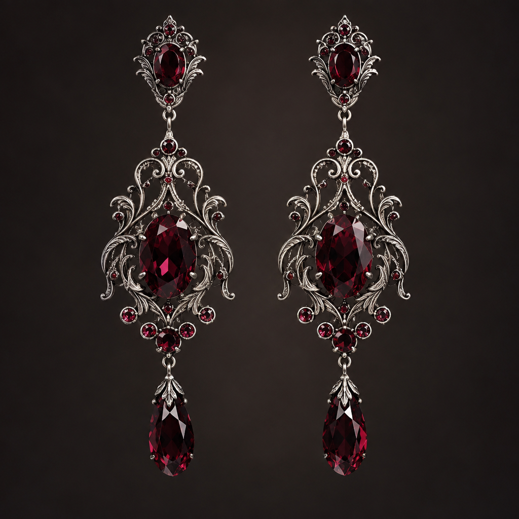 A fantasy women's earrings made of silver with garnet and ruby stones. victorian
photorealistic jewelry design, A fantasy women's earrings made of silver with garnet and ruby stones. victorian, fantasy style, just the design no text