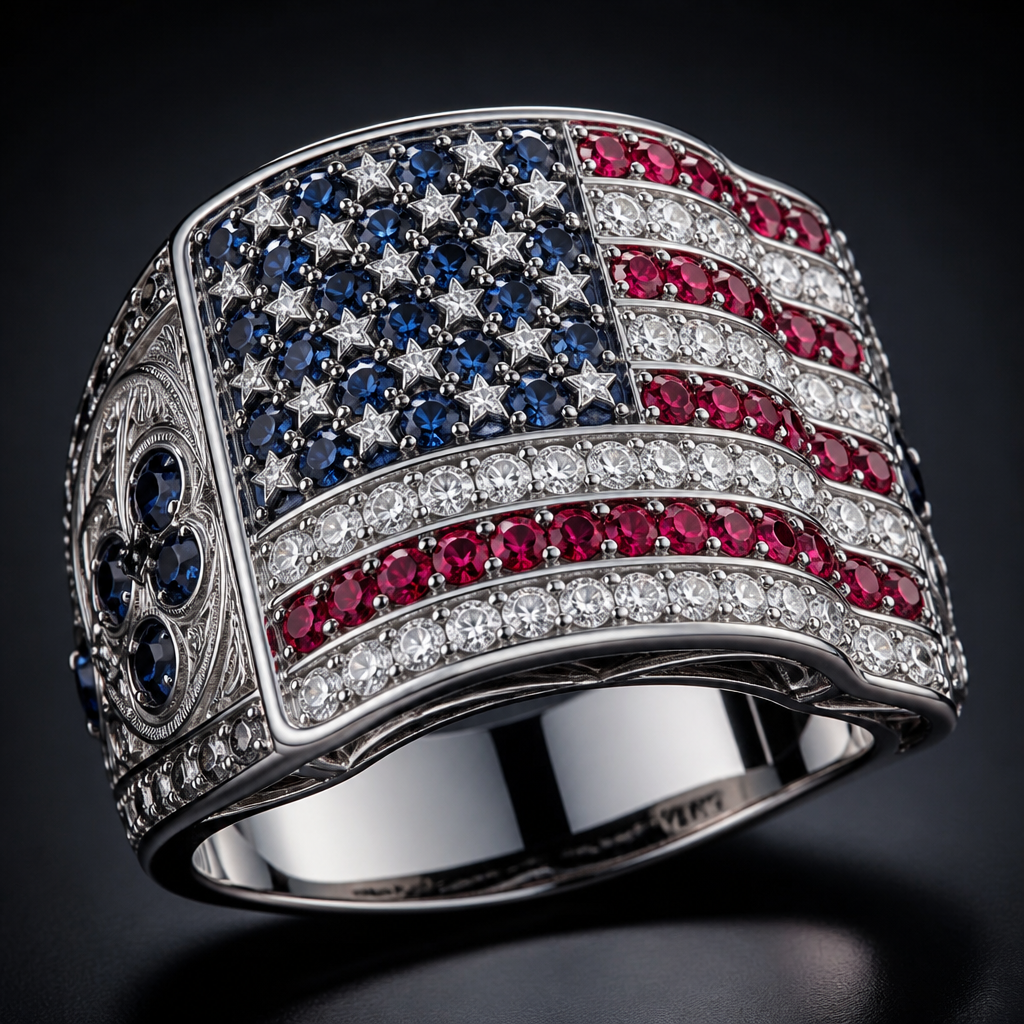 A men's ring made of silver with ruby and sapphire and diamond stones, highly ornate, intricate and elaborate, richly detailed. a chunky ring with the desing yo be a usa flag but amde witj gems
photorealistic jewelry design, A men's ring made of silver with ruby and sapphire and diamond stones, highly ornate, intricate and elaborate, richly detailed. a chunky ring with the desing yo be a usa flag but amde witj gems, modern style, just the design no text