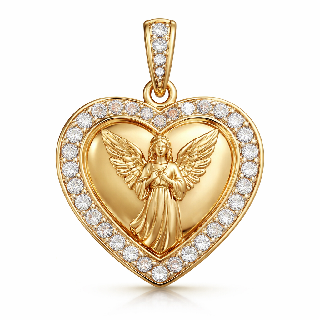 Gold heart pendant with guardian angel on surface and Pavé diamond border around heart, gold bale
Gold heart pendant with guardian angel on surface and Pavé diamond border around heart, gold bale, contemporary style