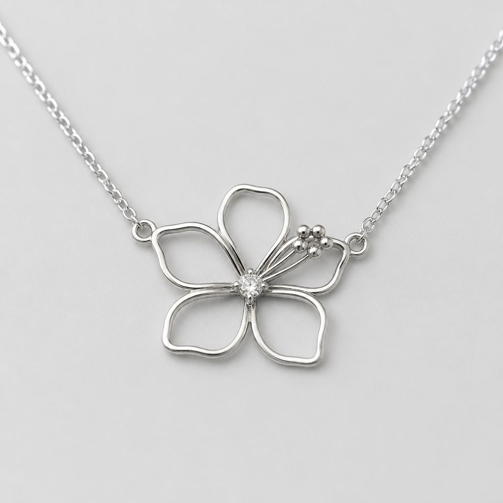 A women's necklace made of silver. hibicus vu de coté ligne fine et delicat ,diamand dans le milieu, interieur de la fleur vide, plus detail, 5 petales chaine de chaque coté, exotique style qui fait pensé à hawaî
photorealistic jewelry design, A women's necklace made of silver. hibicus vu de coté ligne fine et delicat ,diamand dans le milieu, interieur de la fleur vide, plus detail, 5 petales chaine de chaque coté, exotique style qui fait pensé à hawaî, modern style, just the design no text