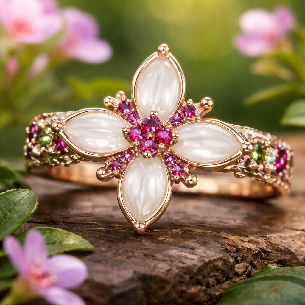 Create a ring design that is inspired from the River Beauty Willow Herb, Sweet Broad-leaved Willow Herb flower. With the petals being in a pear-marquise shape that is off-white. With 4 petals across of each other. And have a reddish magenta colored small diamonds in the middle of it and also in the sides of the band with a small touch of green diamonds in the band also