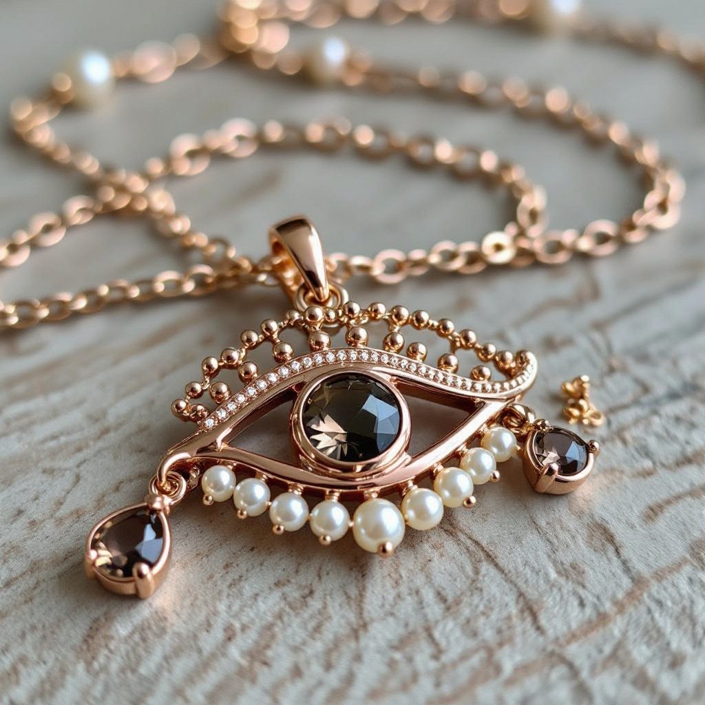 Тонкая цепочка с золотыми шариками и мелкими жемчужными камушками на цепочке есть кулон в форме глаза, зрачок глаза из раухтопаза от глаза идет маленькая подвеска с маленьким камушком 