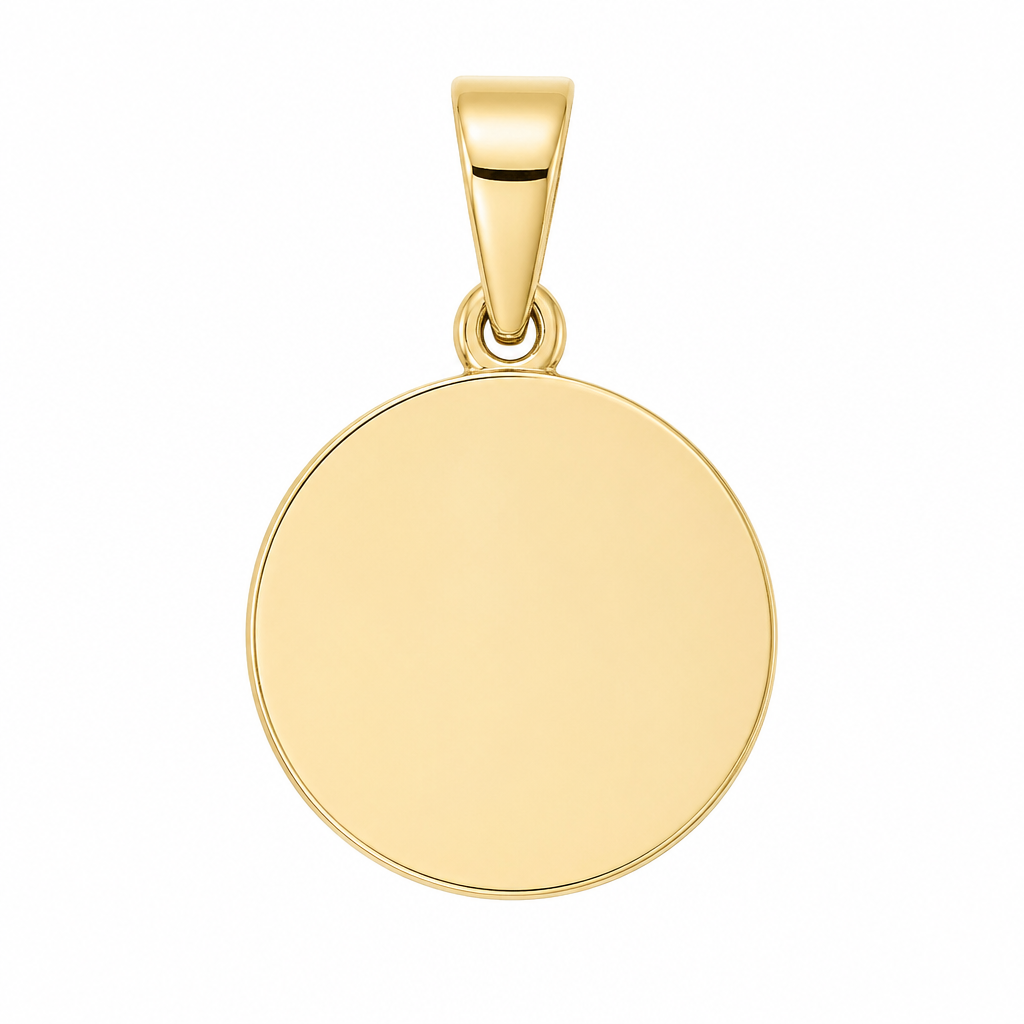 14 karat yellow gold, 10 mm disc pendant with a tapered bale, the following engraved in the front of the disc pendant “ baptism, love grandma and grandpa Duncan”
photorealistic jewelry design, 14 karat yellow gold, 10 mm disc pendant with a tapered bale, the following engraved in the front of the disc pendant “ baptism, love grandma and grandpa Duncan”, just the design no text