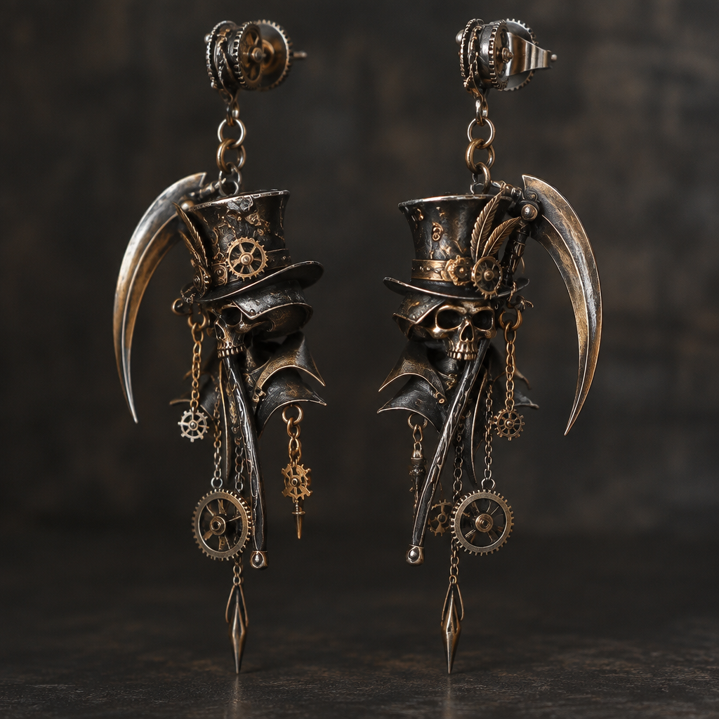 A steampunk men's earrings made of mixed metal suitable for formal. a reaper with a mix of the madhatter style
photorealistic jewelry design, A steampunk men's earrings made of mixed metal suitable for formal. a reaper with a mix of the madhatter style, steampunk style, just the design no text
