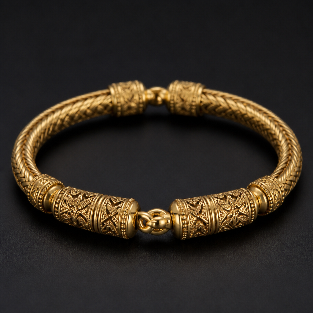 A ethnic men's bracelet made of gold. make maching kada as in the photo
photorealistic jewelry design, A ethnic men's bracelet made of gold. make maching kada as in the photo, ethnic style, just the design no text