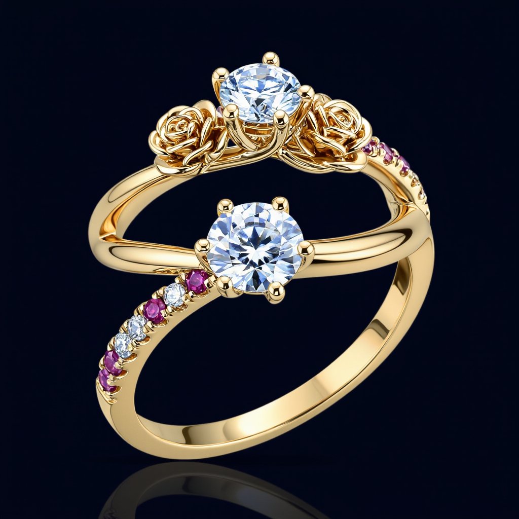 a good engagement ring incorporating small gold roses with tiny rubies in between 