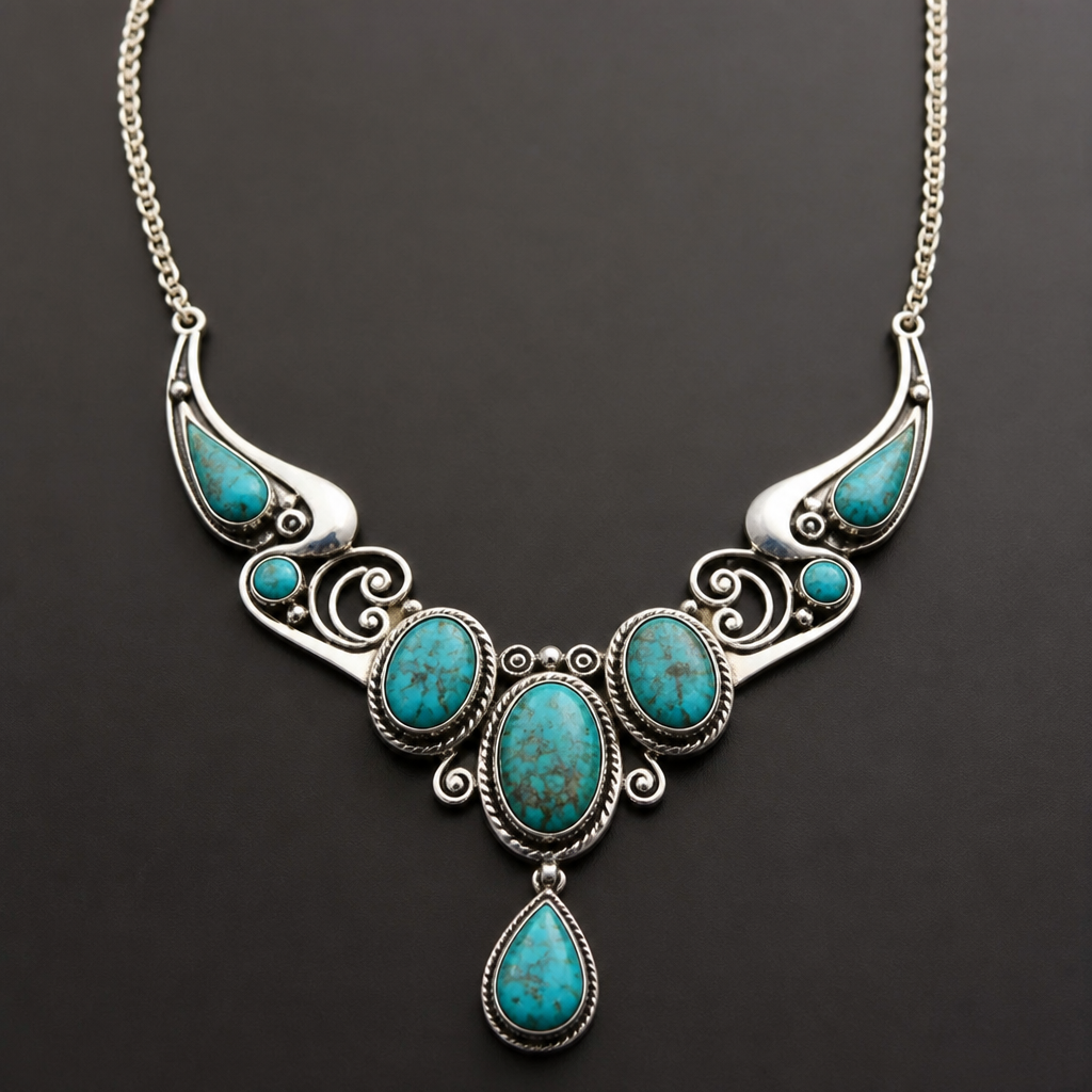 A modern women's necklace made of silver with turquoise stones suitable for festival
photorealistic jewelry design, A modern women's necklace made of silver with turquoise stones suitable for festival, modern style, just the design no text