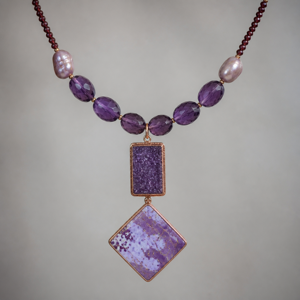 A women's ring. create a necklace with a pendant that has a rectangular druzy amethyst with a copper enameled square that's hung diagonally below that that has an abstract enameled pattern of some speckles and some lines in white and different purples and lavenders. the pendant is hanging from some agatized faceted amethyst beads about 14 mm followed by some similar sized blister pearls followed by very fine faceted Garnet beads
photorealistic jewelry design, A women's ring. create a necklace with a pendant that has a rectangular druzy amethyst with a copper enameled square that's hung diagonally below that that has an abstract enameled pattern of some speckles and some lines in white and different purples and lavenders. the pendant is hanging from some agatized faceted amethyst beads about 14 mm followed by some similar sized blister pearls followed by very fine faceted Garnet beads, modern style, just the design no text