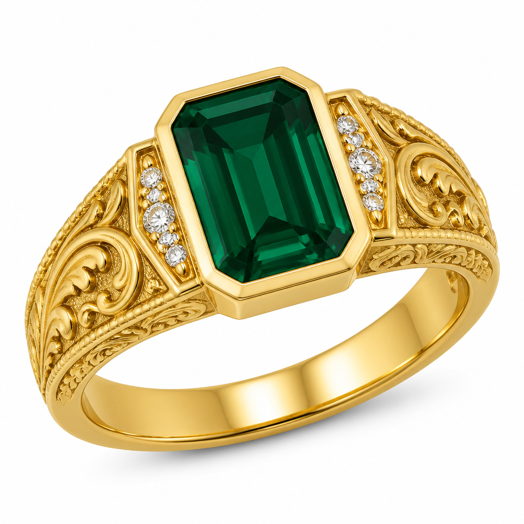 A luxury women's ring made of gold with emerald stones suitable for daily wear, detailed and decorative, moderately ornate. Create a premium men's 22K gold ring by combining these two reference images. Use the ornate engraved floral/vintage band pattern from the first ring. Replace the top with a large emerald-cut deep green gemstone set in a modern hexagonal bezel like the second ring. Add small white diamonds along both shoulders, keeping the sides elegant with subtle engraved details inspired by the first ring. Make the ring bold, luxurious, and suitable for daily wear. Render it as a photorealistic jewelry product on a clean white background with high detail and realistic gold reflections."The Look: The recessed parts of the engraving are treated with a matte, textured finish. The raised parts are highly polished.The Function: This deliberate pairing creates depth and a "3D shadow" effect. It ensures the design stays clearly visible even on a small piece of jewelry.The Look: Symmetrical, curling vine and wave patterns run along the outer borders of the ring band.The Function: This mirrors the Prabhavali (the decorative arch or halo found around deities in Hindu temples) to emphasize the ring's sacred nature.
photorealistic jewelry design, A luxury women's ring made of gold with emerald stones suitable for daily wear, detailed and decorative, moderately ornate. Create a premium men's 22K gold ring by combining these two reference images. Use the ornate engraved floral/vintage band pattern from the first ring. Replace the top with a large emerald-cut deep green gemstone set in a modern hexagonal bezel like the second ring. Add small white diamonds along both shoulders, keeping the sides elegant with subtle engraved details inspired by the first ring. Make the ring bold, luxurious, and suitable for daily wear. Render it as a photorealistic jewelry product on a clean white background with high detail and realistic gold reflections."The Look: The recessed parts of the engraving are treated with a matte, textured finish. The raised parts are highly polished.The Function: This deliberate pairing creates depth and a "3D shadow" effect. It ensures the design stays clearly visible even on a small piece of jewelry.The Look: Symmetrical, curling vine and wave patterns run along the outer borders of the ring band.The Function: This mirrors the Prabhavali (the decorative arch or halo found around deities in Hindu temples) to emphasize the ring's sacred nature., luxury style, just the design no text