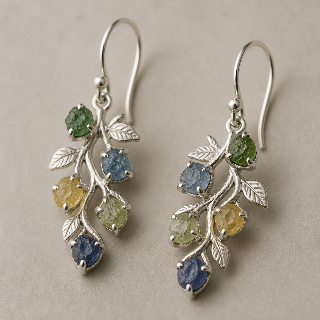 A nature women's earrings made of silver suitable for daily wear. create earing with theses 5 pices rough colour sapphires. with using a silver clay
photorealistic jewelry design, A nature women's earrings made of silver suitable for daily wear. create earing with theses 5 pices rough colour sapphires. with using a silver clay, nature_inspired style, just the design no text