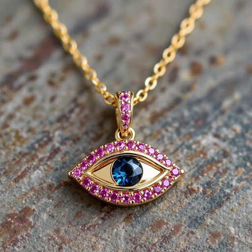 Тонкая цепочка с золотыми шариками и мелкими розовыми камушками на цепочке есть кулон в форме глаза, зрачок глаза из темно синего камня 