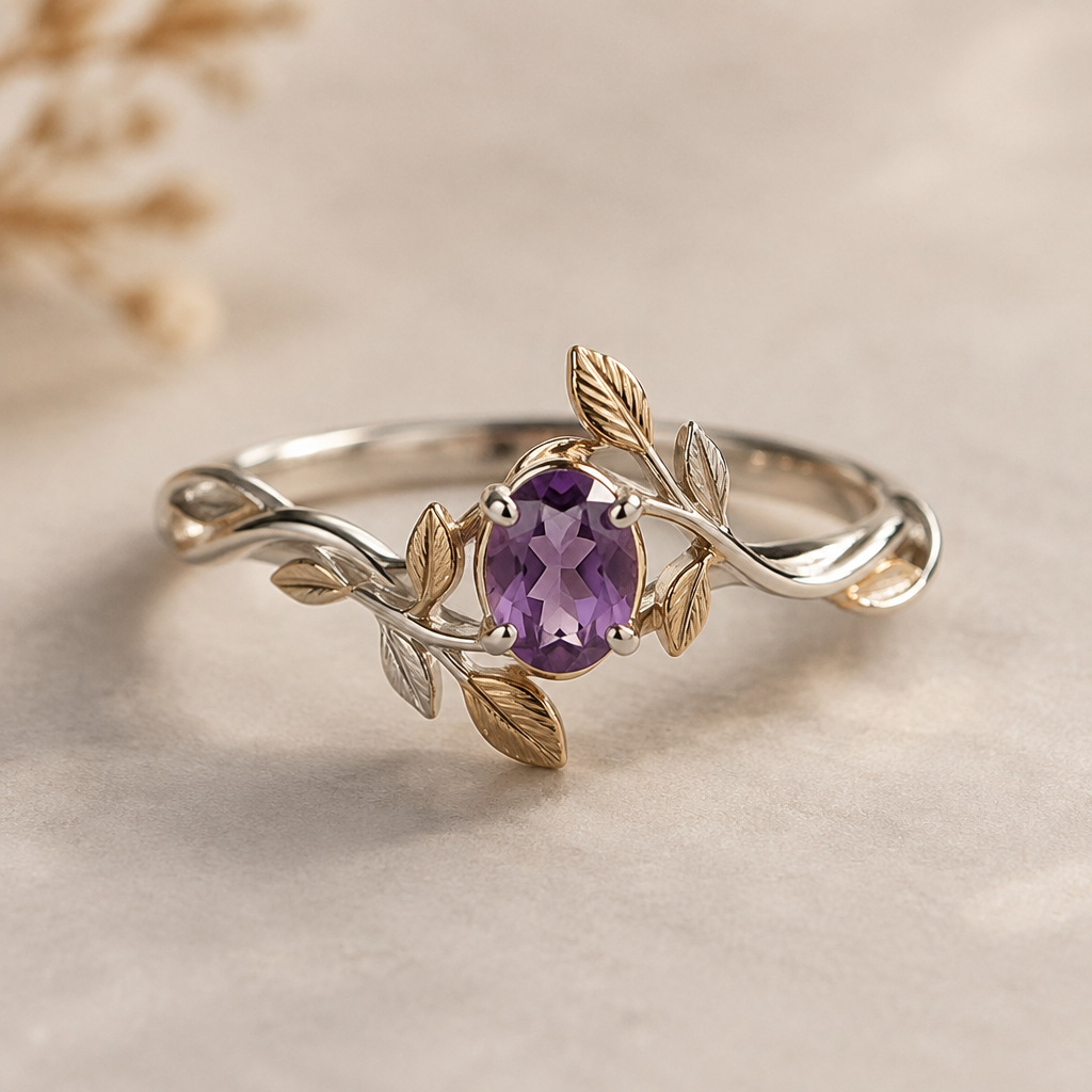 A nature-inspired women's ring made of mixed metal with amethyst stones suitable for daily wear, minimalist, simple and delicate, clean lines. um anel delicado de prata com apontamentos em ouro, super delicado e simples, mas ao mesmo tempo impactante, pedra centrada rodeada de folhas e plantas
photorealistic jewelry design, A nature-inspired women's ring made of mixed metal with amethyst stones suitable for daily wear, minimalist, simple and delicate, clean lines. um anel delicado de prata com apontamentos em ouro, super delicado e simples, mas ao mesmo tempo impactante, pedra centrada rodeada de folhas e plantas, nature_inspired style, just the design no text