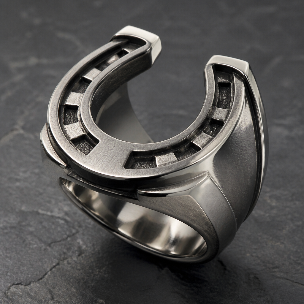 A men's ring. крупное кольцо из подковы
photorealistic jewelry design, A men's ring. крупное кольцо из подковы, modern style, just the design no text