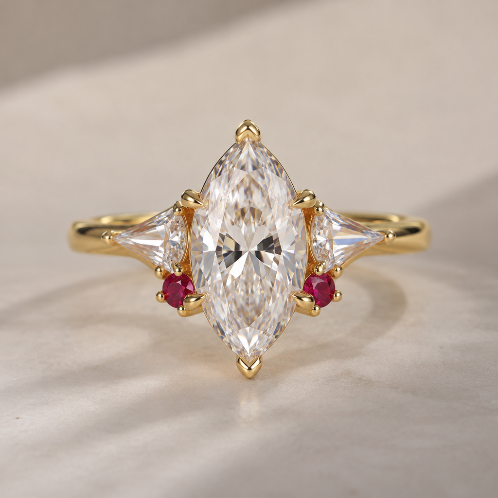 A modern women's ring made of gold with diamond stones suitable for engagement, minimalist, simple and delicate, clean lines. gold ring with 3 ct. marquis diamond center stone, with kite cut diamonds set, two on each side, under the marquis with their long points aligned with the points of the marquis center stone. with starbright round rubies below the kite cut diamonds on either side of the ring
photorealistic jewelry design, A modern women's ring made of gold with diamond stones suitable for engagement, minimalist, simple and delicate, clean lines. gold ring with 3 ct. marquis diamond center stone, with kite cut diamonds set, two on each side, under the marquis with their long points aligned with the points of the marquis center stone. with starbright round rubies below the kite cut diamonds on either side of the ring, modern style, just the design no text