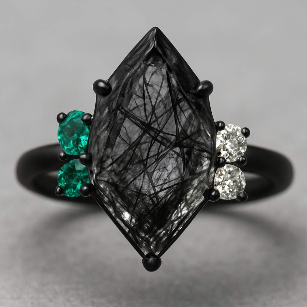Kite cut Black rutilated quartz with emerald and moissanite accent stones in a cluster on a black band