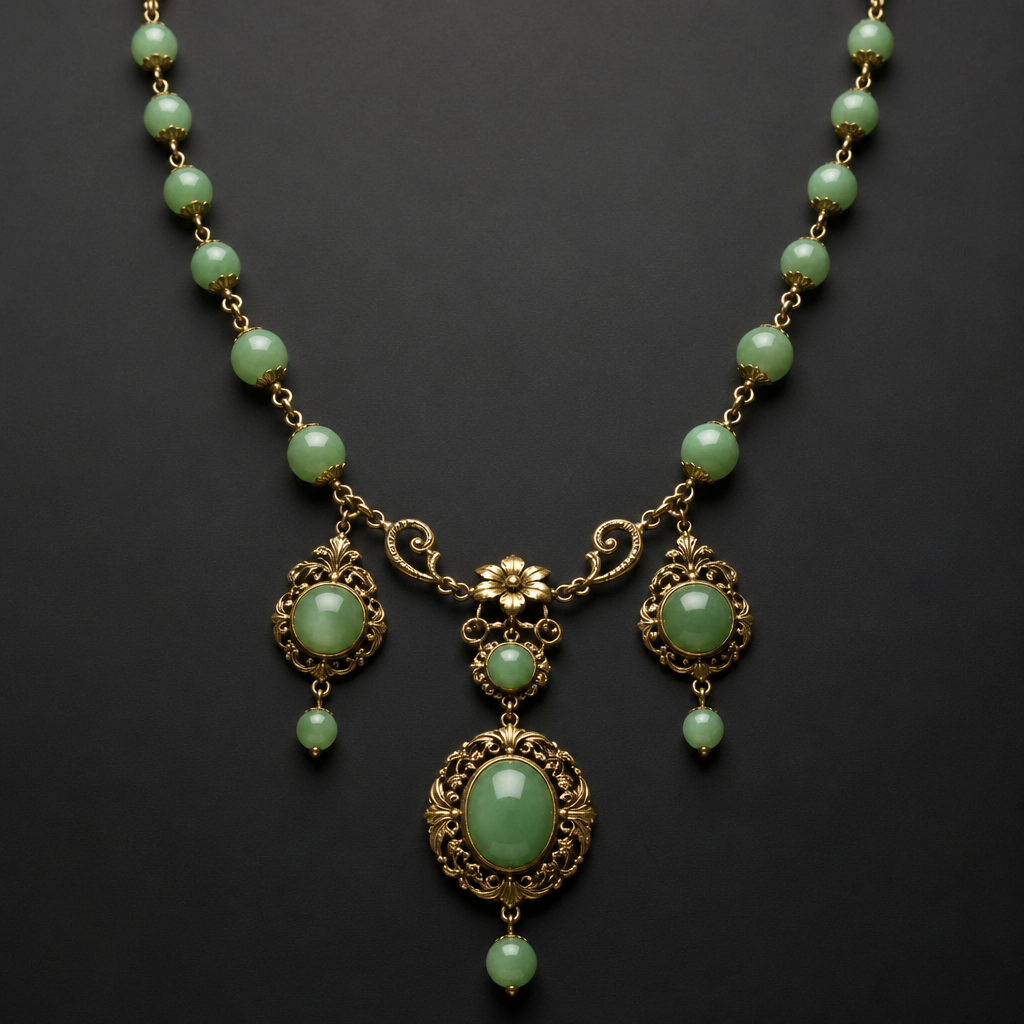Jade bead necklace
photorealistic jewelry design, Jade bead necklace, victorian style, just the design no text