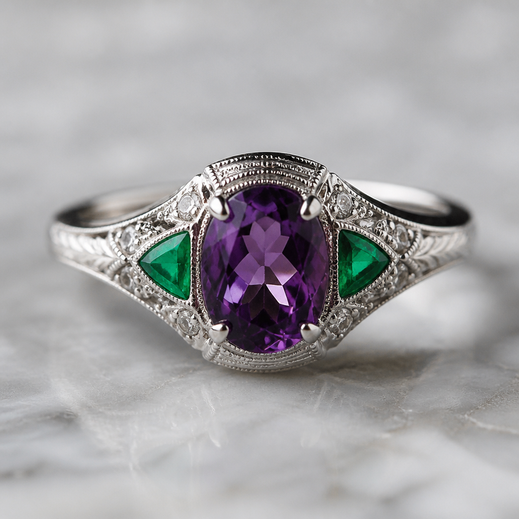 A vintage women's ring made of platinum with amethyst and emerald stones suitable for engagement
photorealistic jewelry design, A vintage women's ring made of platinum with amethyst and emerald stones suitable for engagement, vintage style, just the design no text