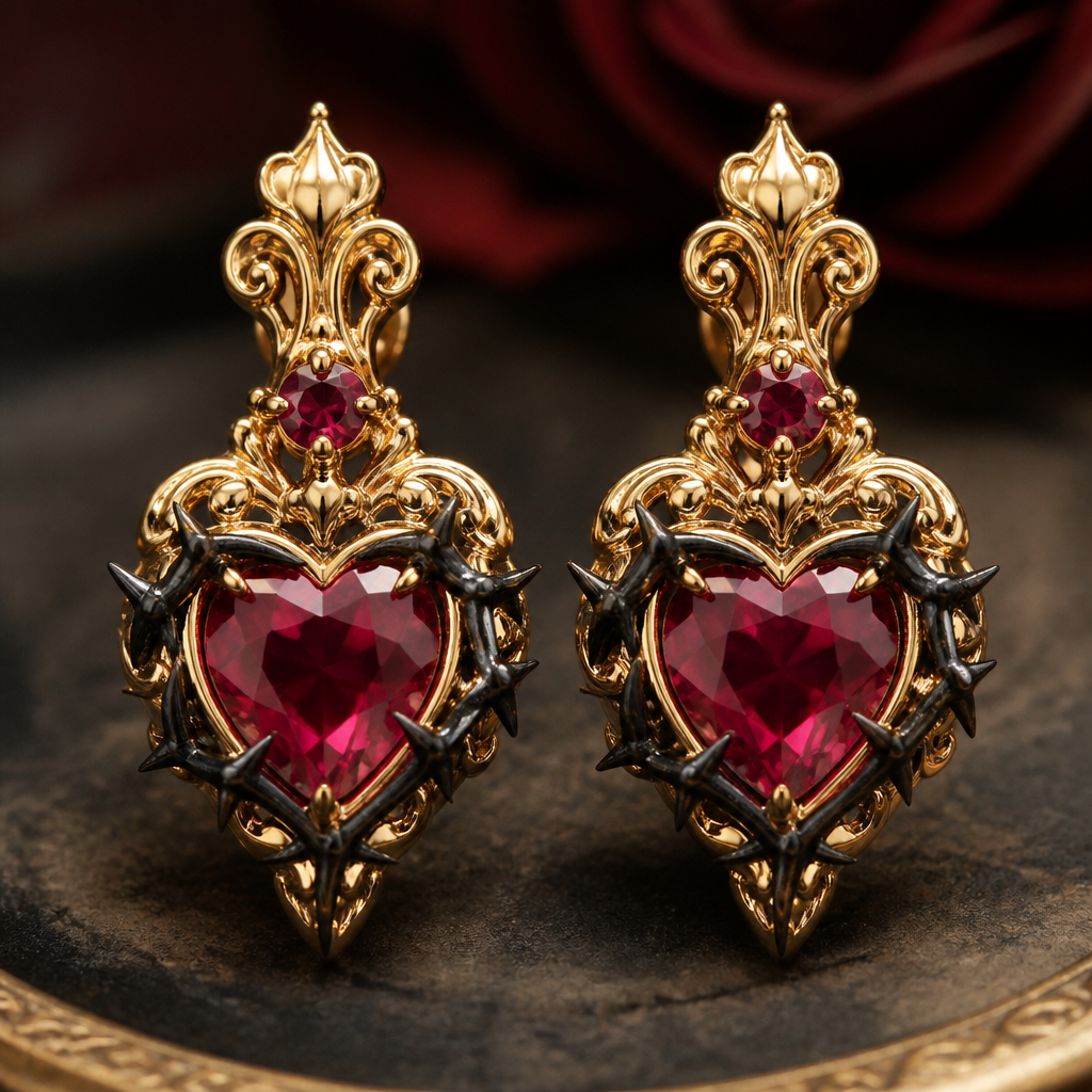 A vintage women's earrings made of gold with ruby stones suitable for engagement. gold earrings with ruby heart and black thorns holding it around and peaking slightly