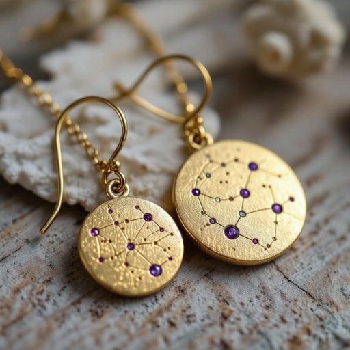 Серьги и кулон в одном стиле. Светлое матовое состаренное мятое золото. На круге изобрежены созвездия. Очень маленькие сиреневые камушки. 