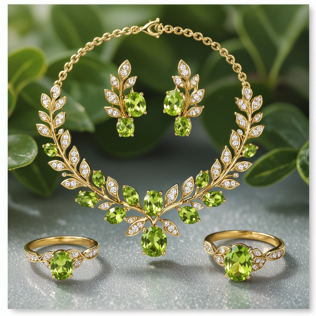 Necklace and earring and rings within peridot and diamond with gold