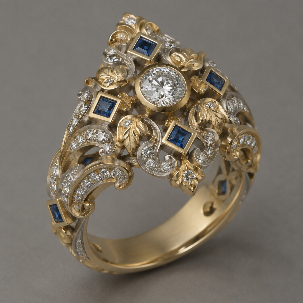 A baroque women's ring made of mixed metal with diamond and sapphire stones. design ring using 33 .10 carat diamonds, 7 .10 carat square sapphires, and one .50 carat round diamond. metals should be white and yellow gold with a matte finish. do not cluster gems.
photorealistic jewelry design, A baroque women's ring made of mixed metal with diamond and sapphire stones. design ring using 33 .10 carat diamonds, 7 .10 carat square sapphires, and one .50 carat round diamond. metals should be white and yellow gold with a matte finish. do not cluster gems., baroque style, just the design no text