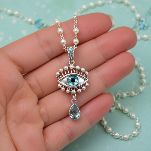 Тонкая цепочка с серебряными шариками и мелкими жемчужными камушками на цепочке есть кулон в форме глаза, зрачок глаза из аквамарина от глаза идет маленькая подвеска с маленькими камушками аквамарина 